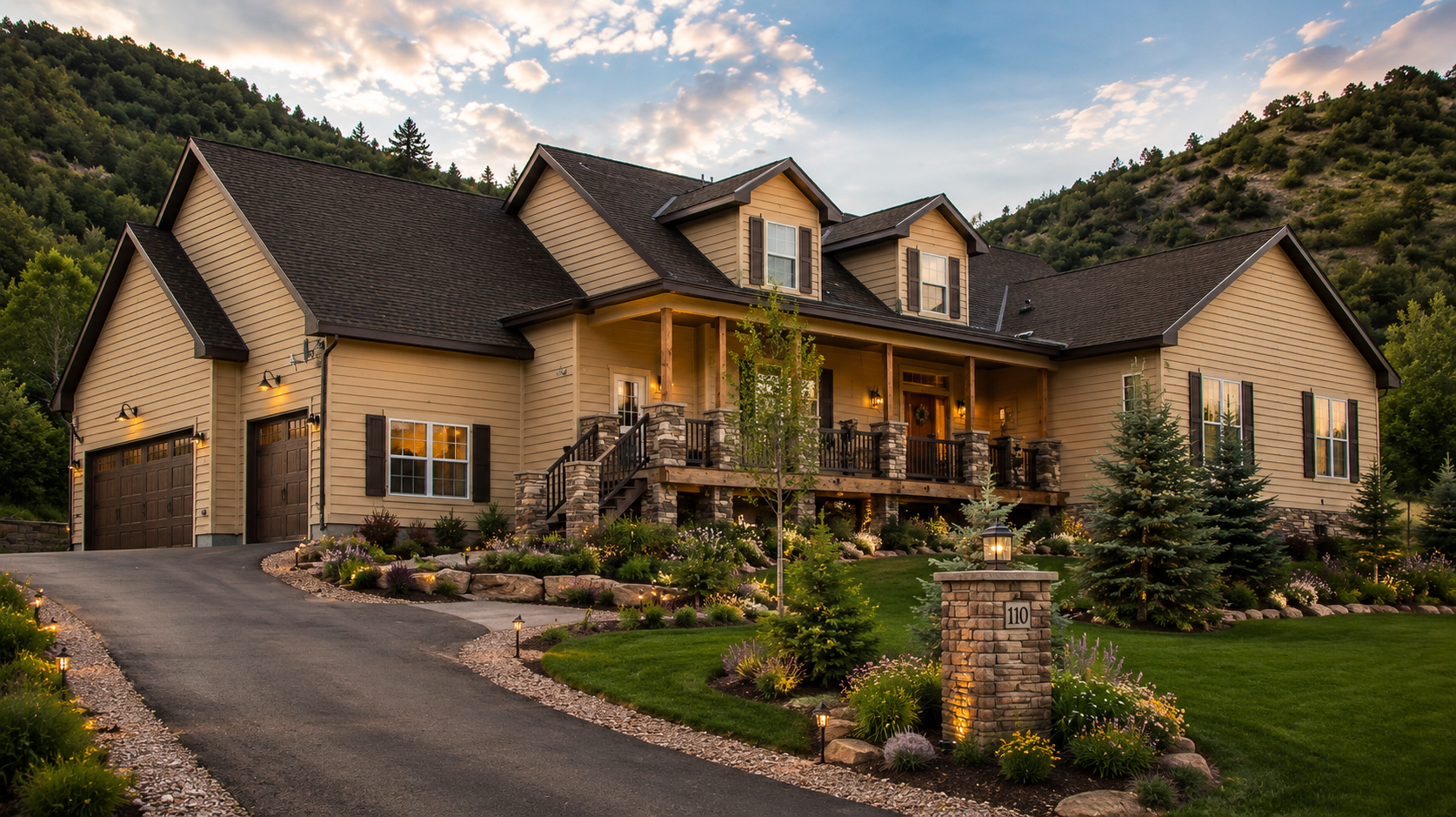 Large stone suburban house with dark roof, covered front porch, and landscaped driveway at sunset