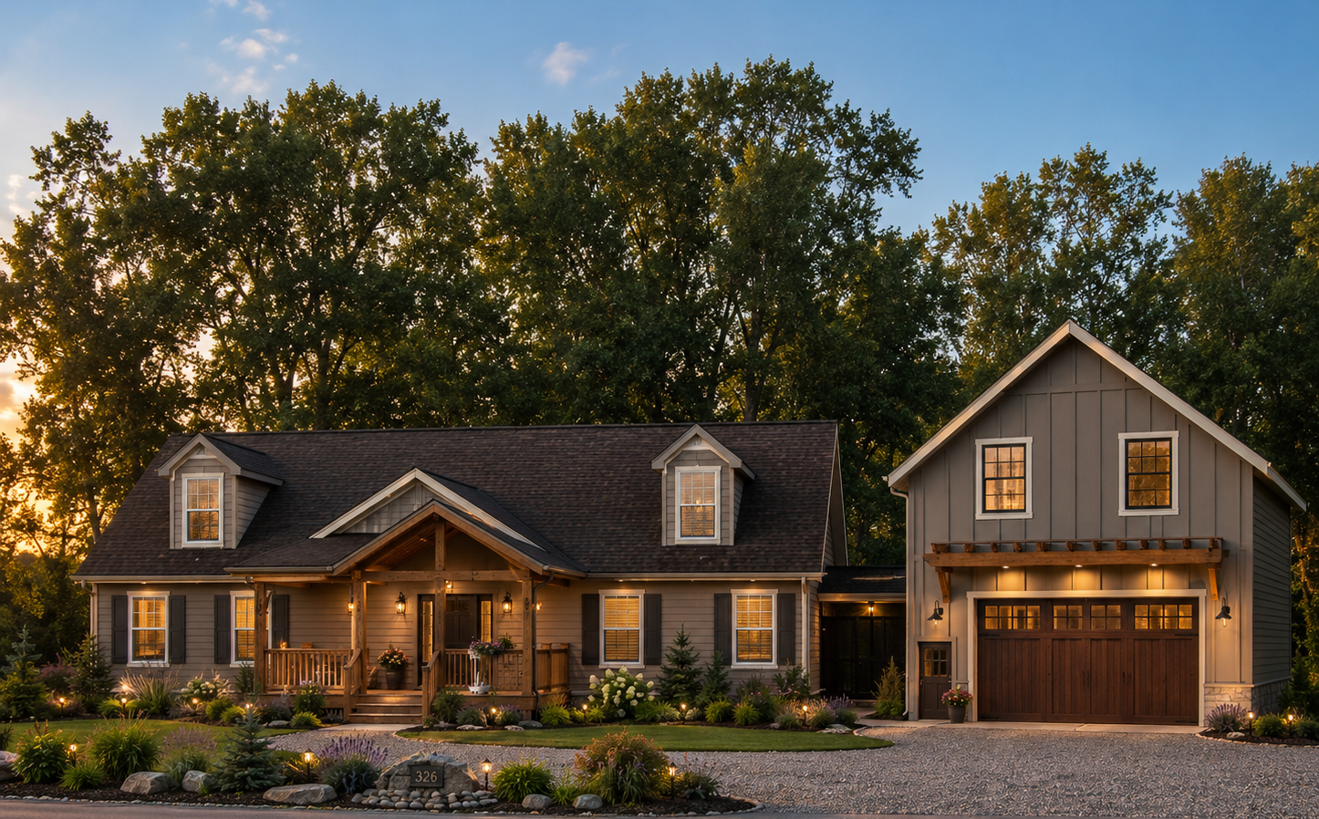 Luxury house at dusk with warm lights, stone and wood exterior, and a two-car garage amid tall trees
