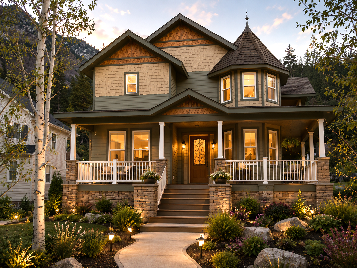 Victorian-style house with warm porch lights, wraparound porch, and landscaped garden at dusk
