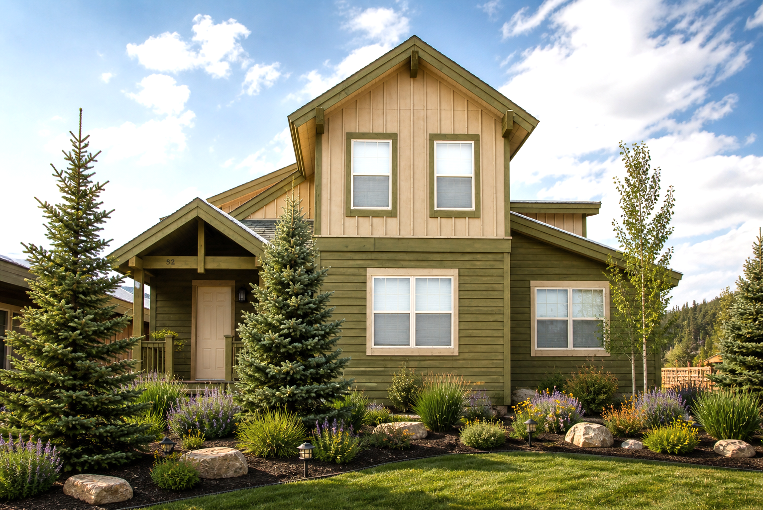 A tan two-story house with a gabled roof, front yard shrubs, and evergreen trees under a bright blue sky.