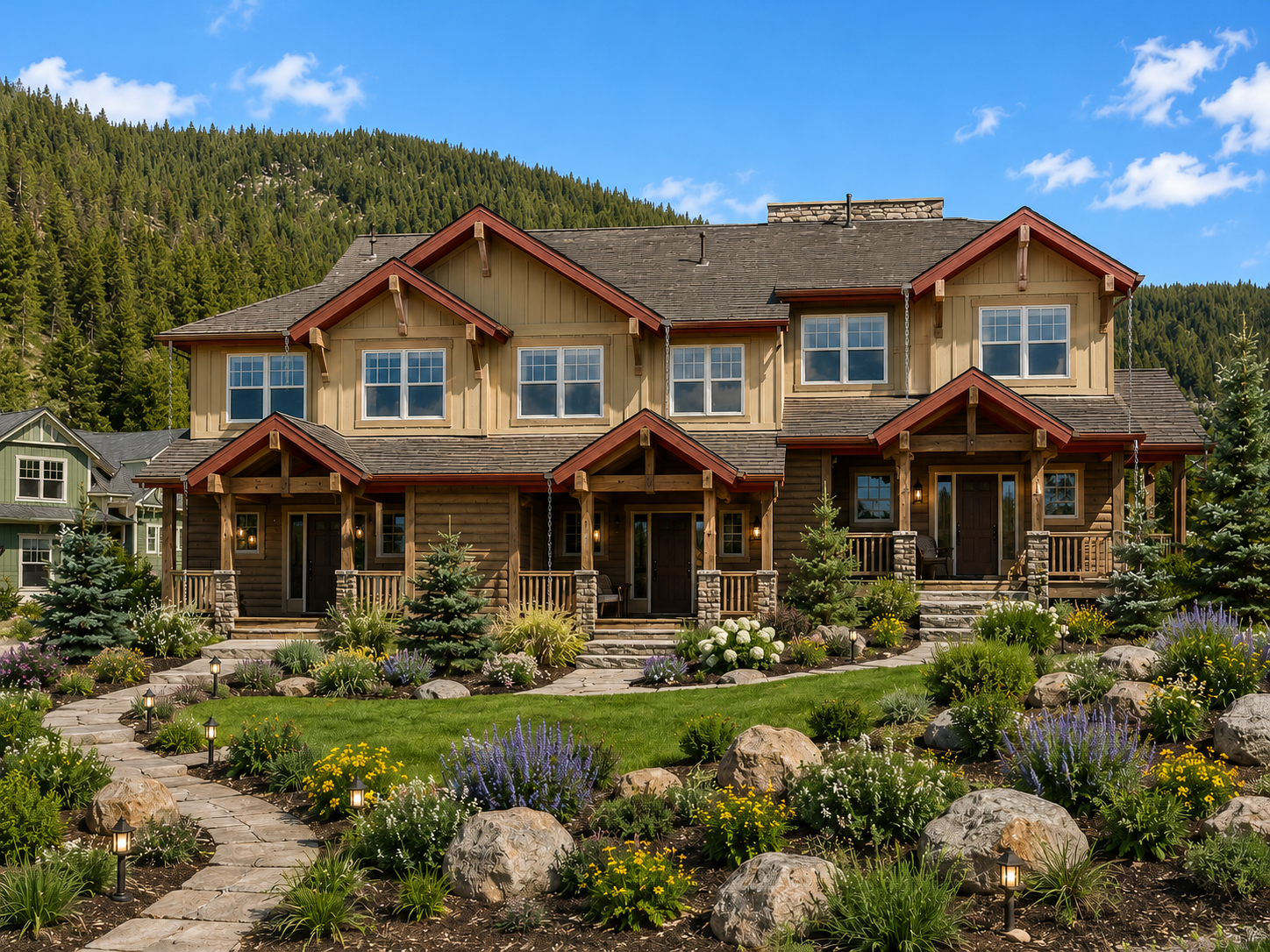 Rustic mountain lodge with stone facade, red-trimmed balconies, and landscaped garden under a blue sky