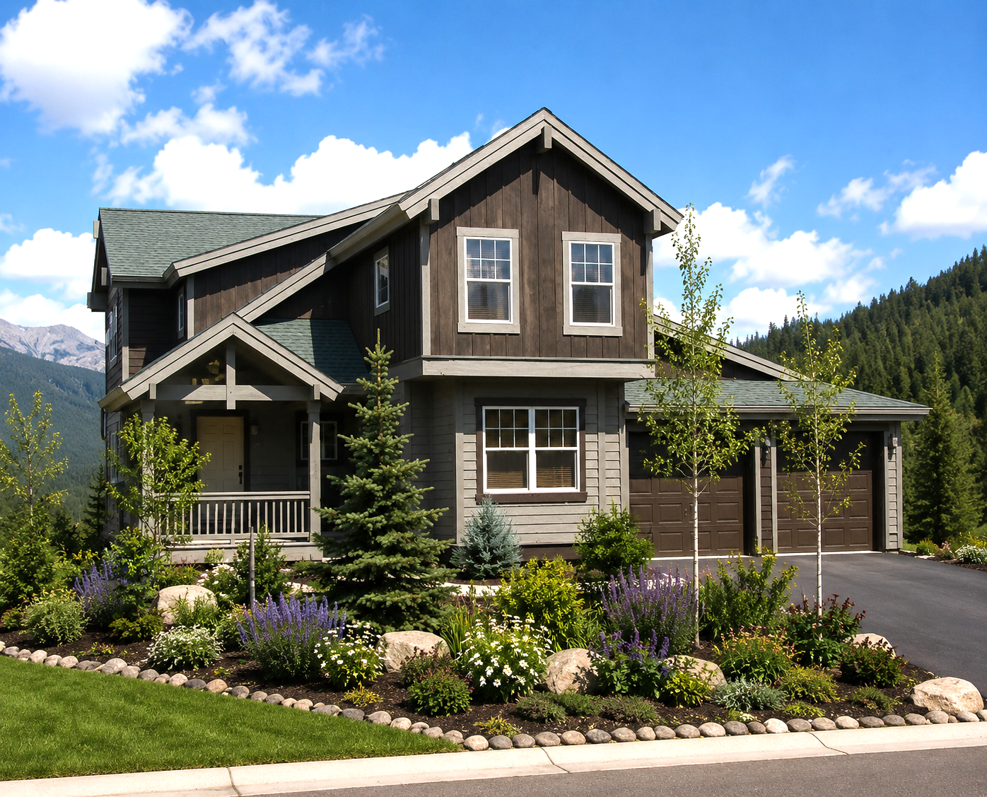 Gray two-story house with a porch, garage, and landscaped garden under a blue sky.