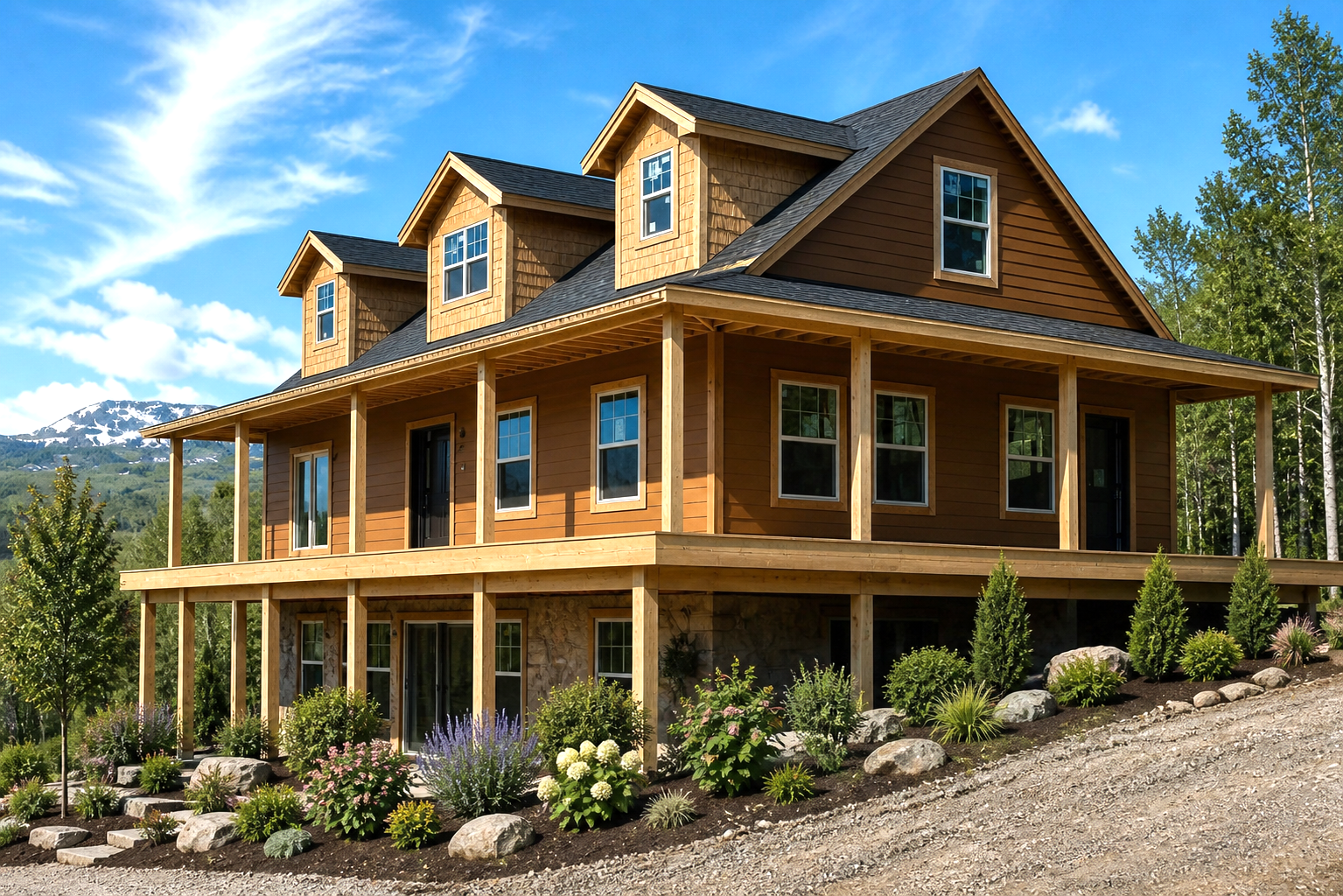 Wooden mountain home with wraparound porch, stone foundation, and landscaped garden under a clear sky