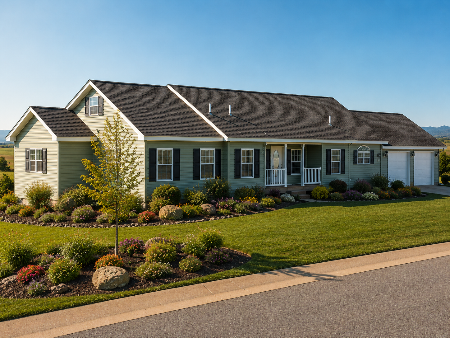 Single-story suburban house with gray roof, white trim, and a manicured front lawn in bright sunlight