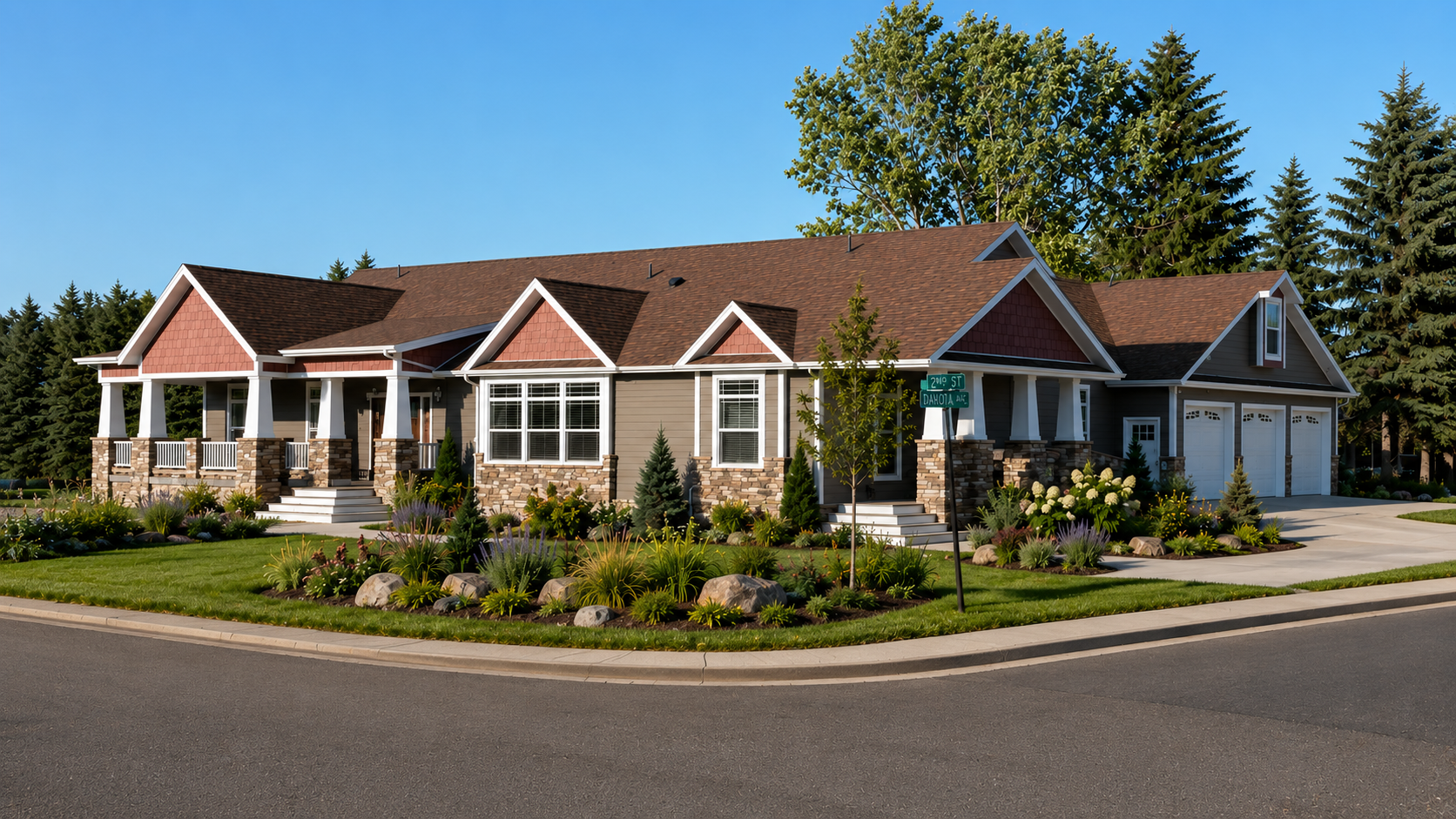 Single-story suburban house with brown roof, flower garden, and attached garages on a sunny corner lot