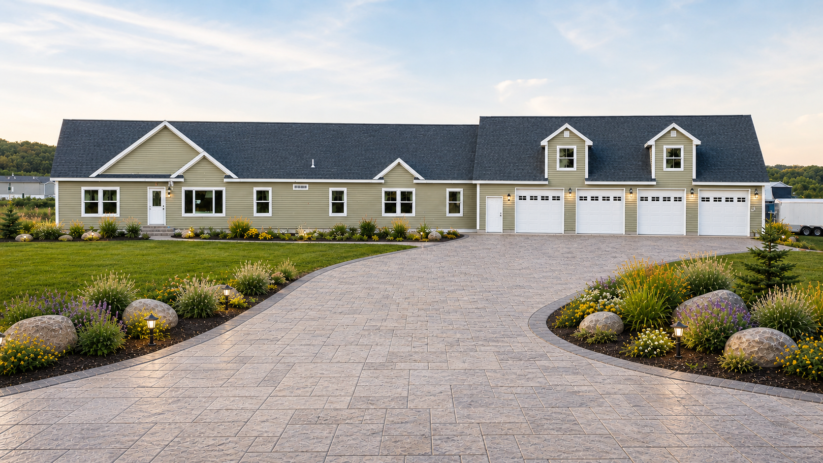 Large beige suburban house with a dark roof and three-car garage, viewed from a stone driveway and landscaped front yard