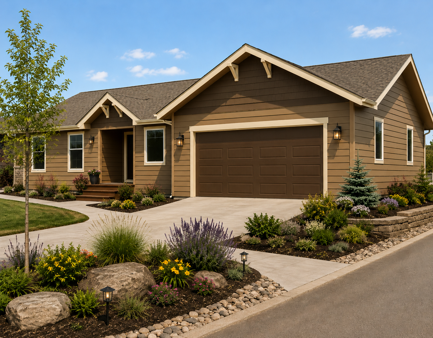 Single-story tan brick house with brown garage, landscaped front yard, and curved driveway
