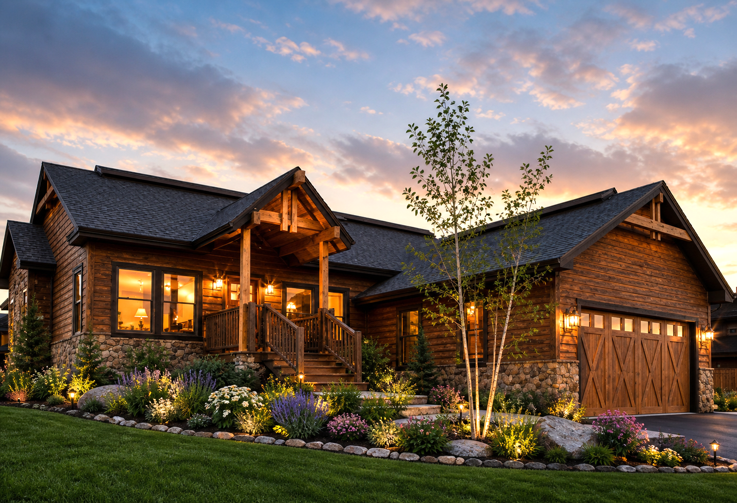 A warmly lit rustic house with stone and wood siding at dusk, surrounded by a landscaped garden and driveway.