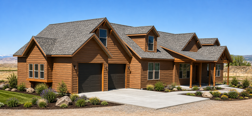 Large rustic brick house with gabled roofs, front porch, and desert landscaping under a clear sky
