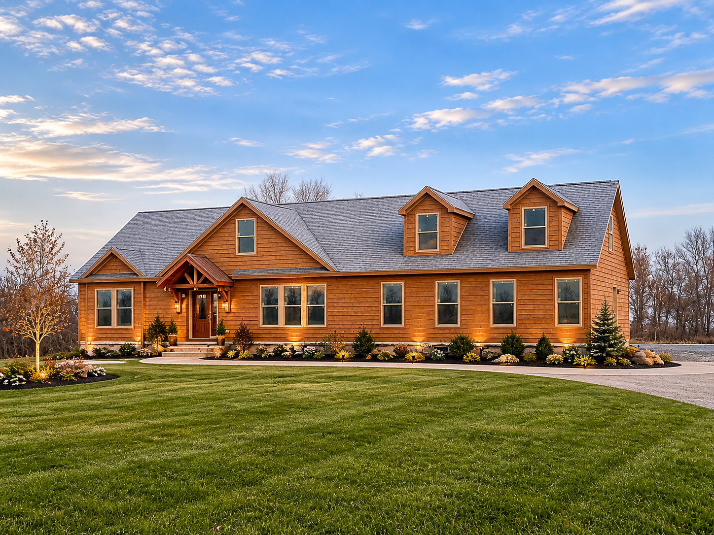 Large brick house with dormer windows, a green lawn, and a cloudy blue sky