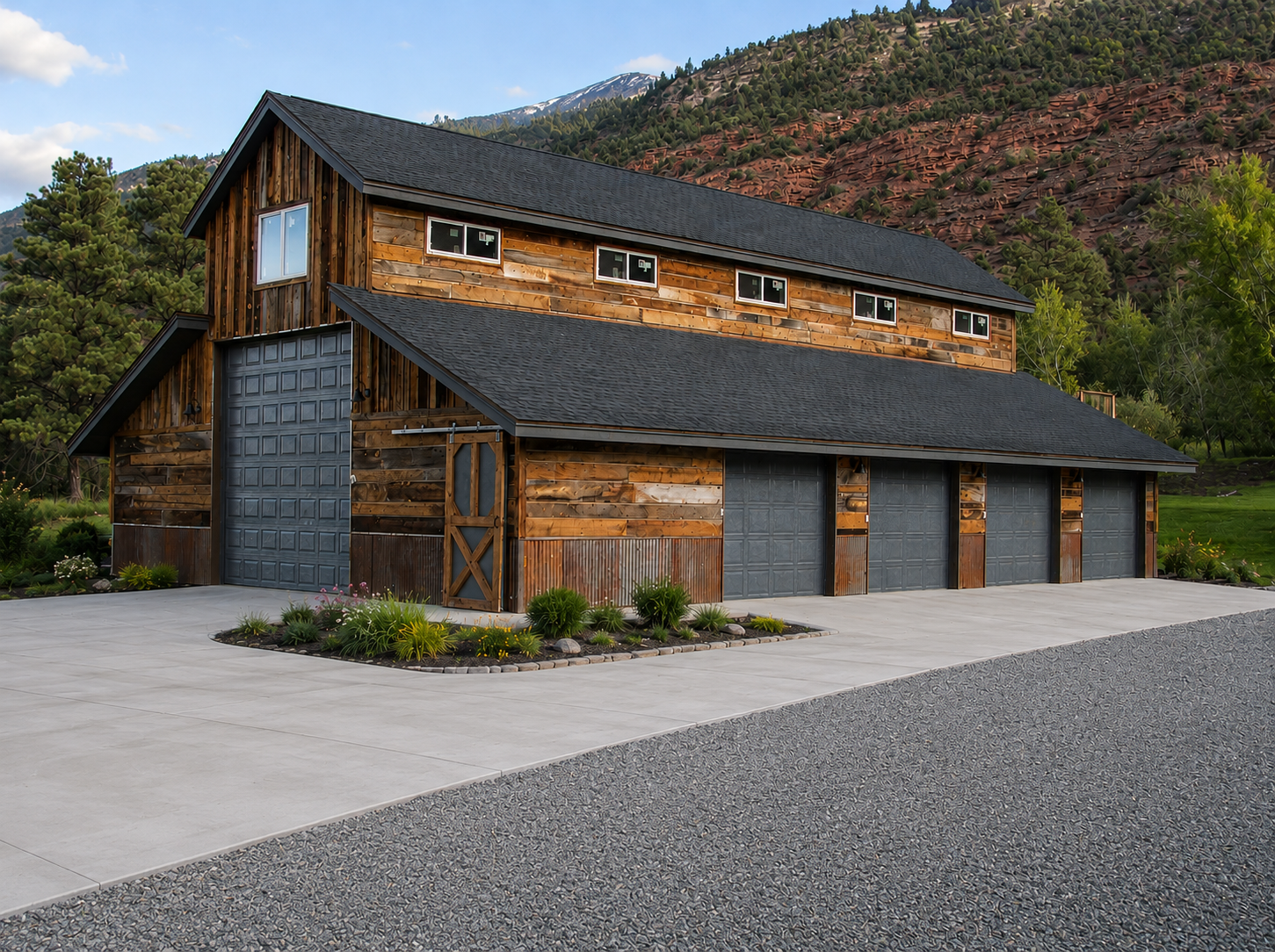 Rustic wooden barn-style house with garage doors, set on a gravel driveway against a mountain backdrop