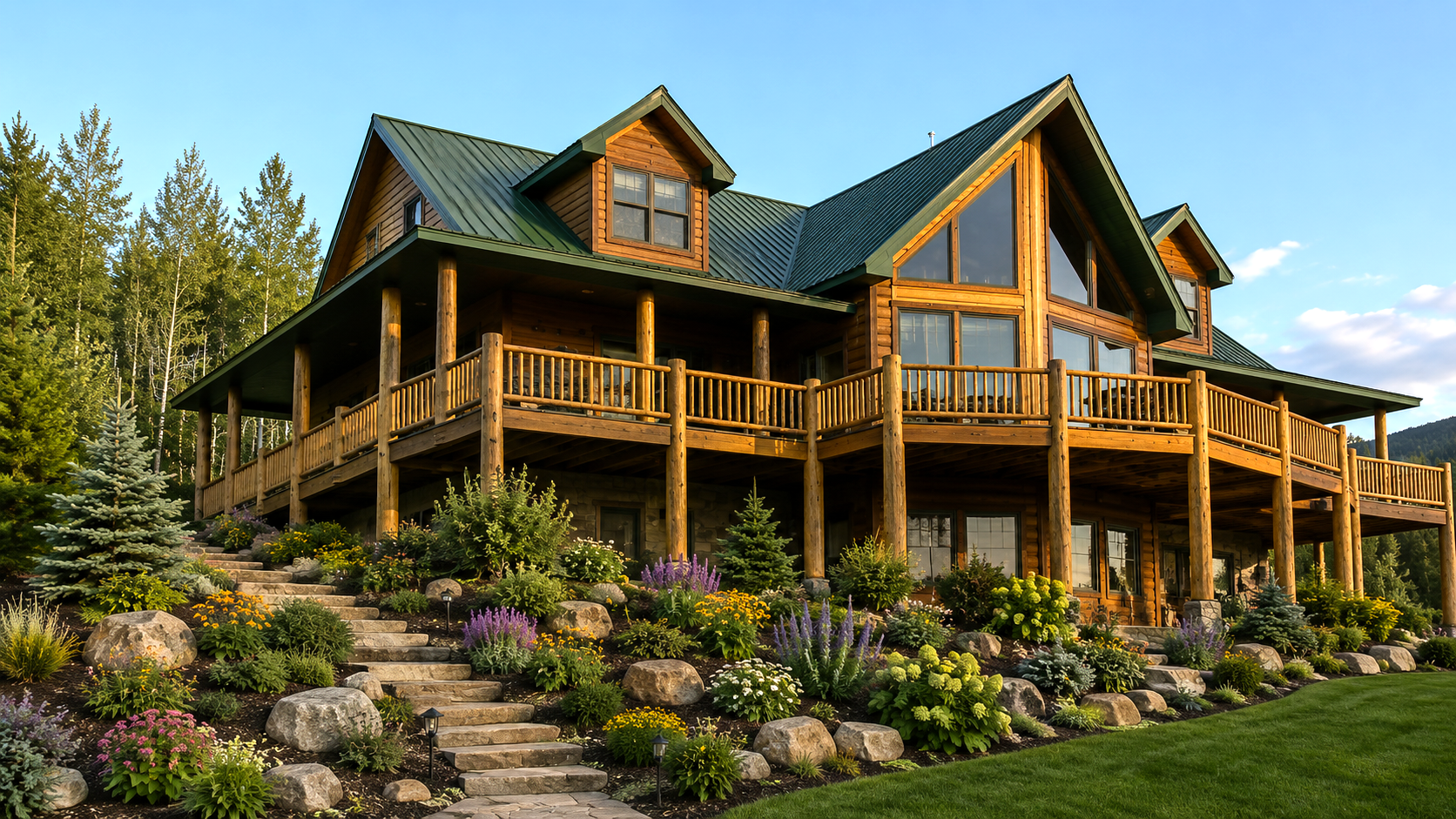 Rustic log cabin with wraparound porch on a wooded hillside, surrounded by rocks and purple flowers