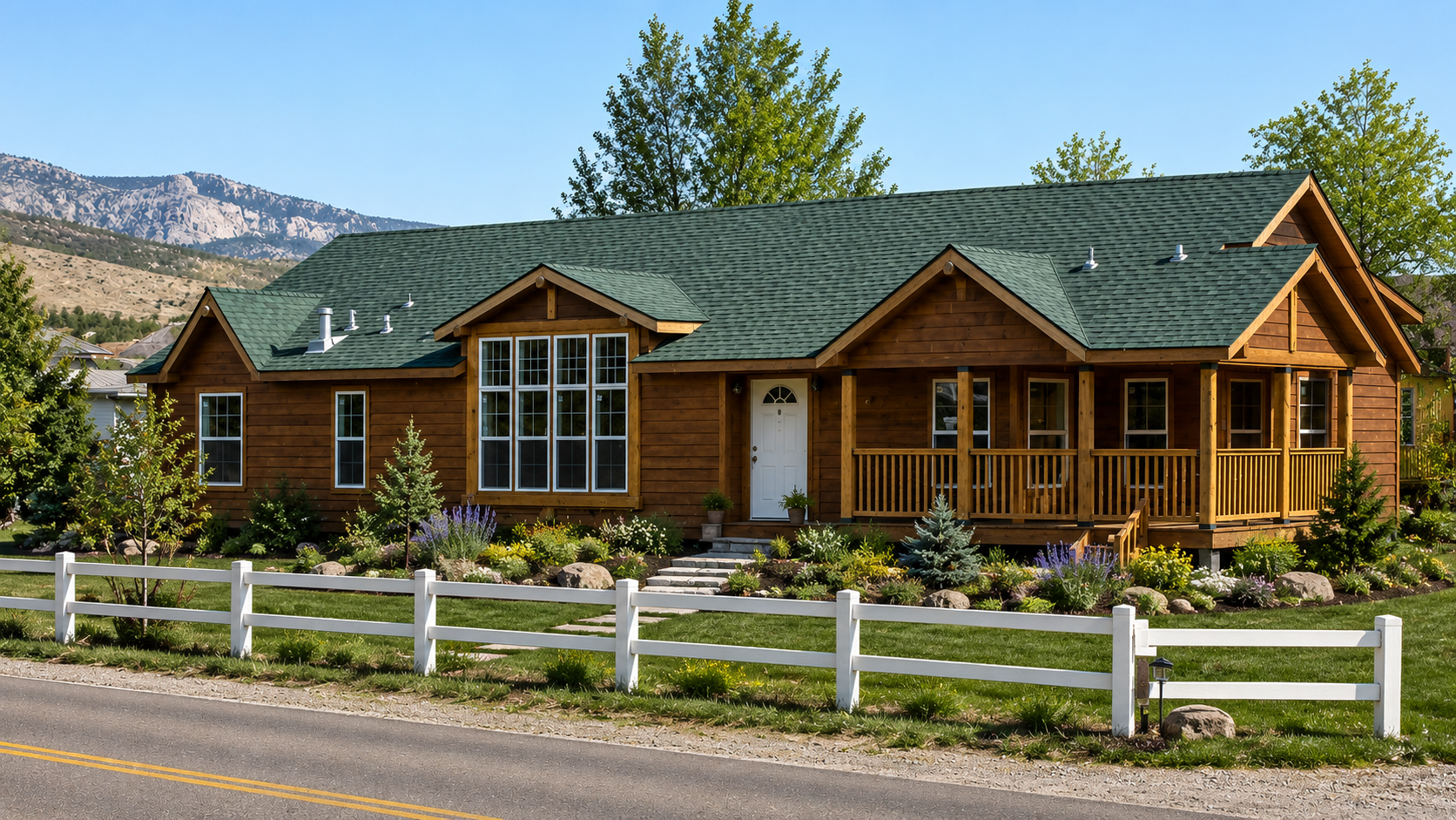 Rustic log cabin with green roof beside a road and white fence, backed by mountains and trees