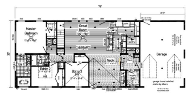 Black-and-white house floor plan showing bedrooms, bathrooms, kitchen, living area, and garage