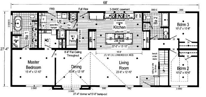 Black-and-white apartment floor plan with kitchen, living room, master bedroom, and two bedrooms