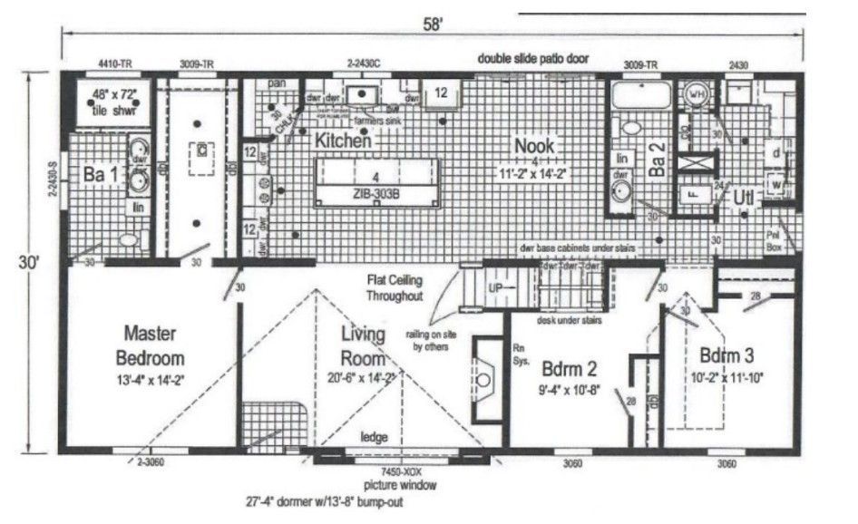 Black-and-white floor plan of a 3-bedroom, 2-bath house with living room, nook, and kitchen.