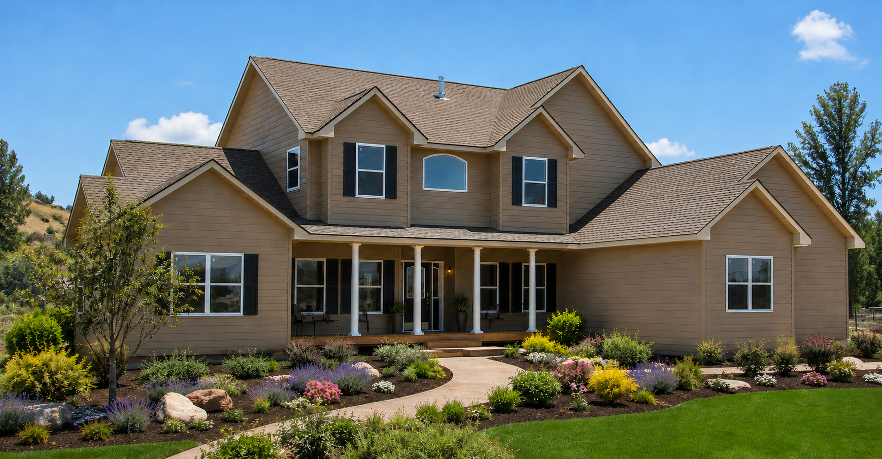 Large two-story beige suburban house with a porch, landscaped front yard, and blue sky