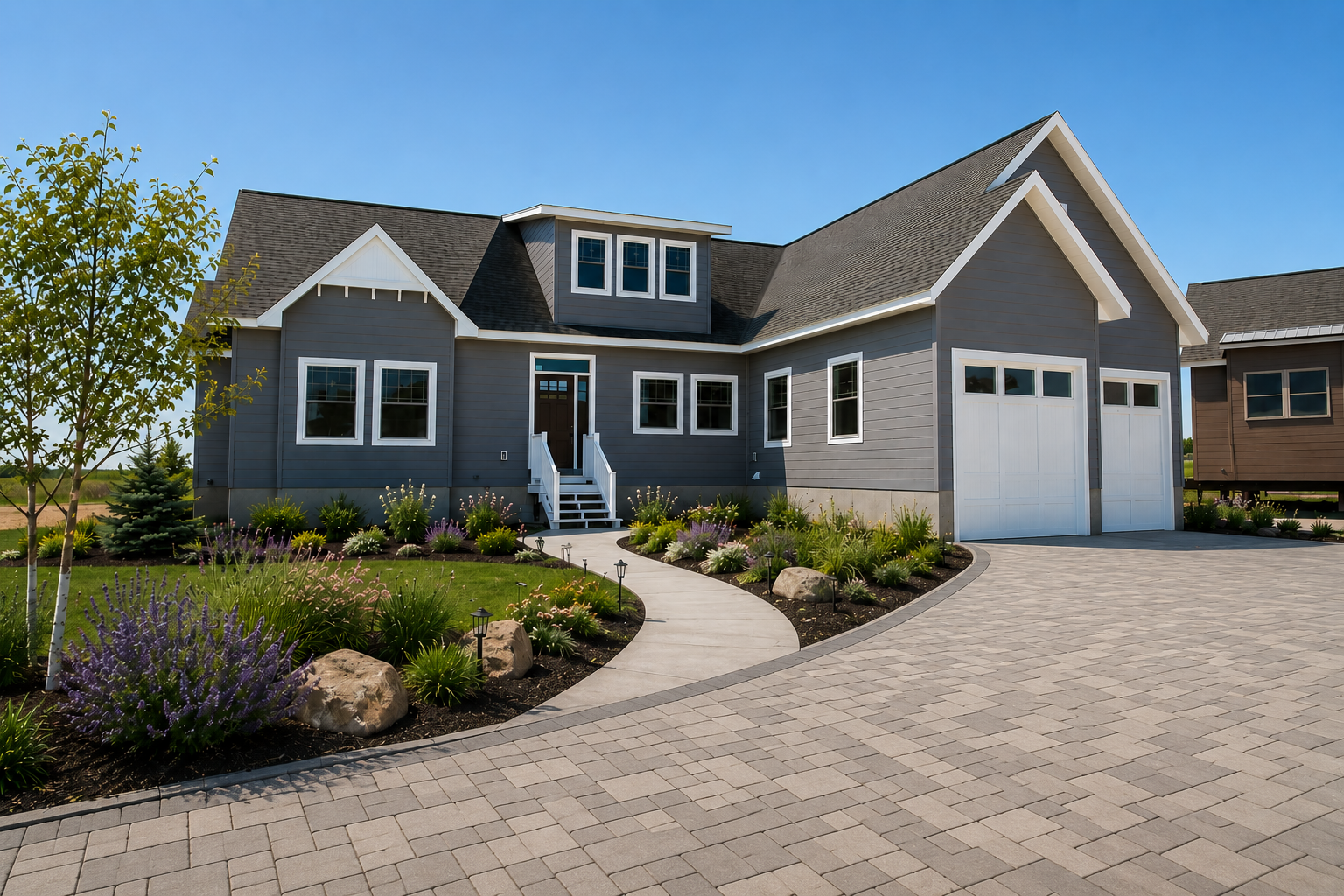 Gray suburban house with white trim, curved driveway, and landscaped front yard