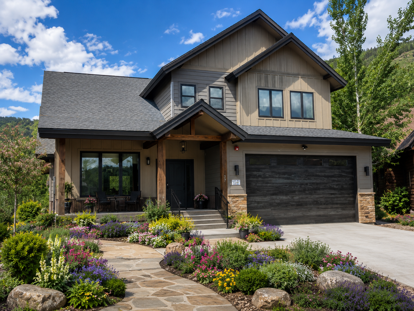 Two-story suburban house with a black garage door, stone porch, and colorful front garden under a blue sky
