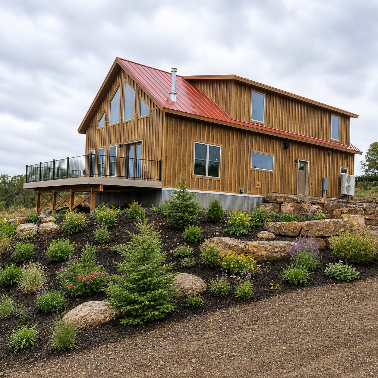 Modern wooden house with a red roof on a rocky hillside, surrounded by young shrubs under a cloudy sky
