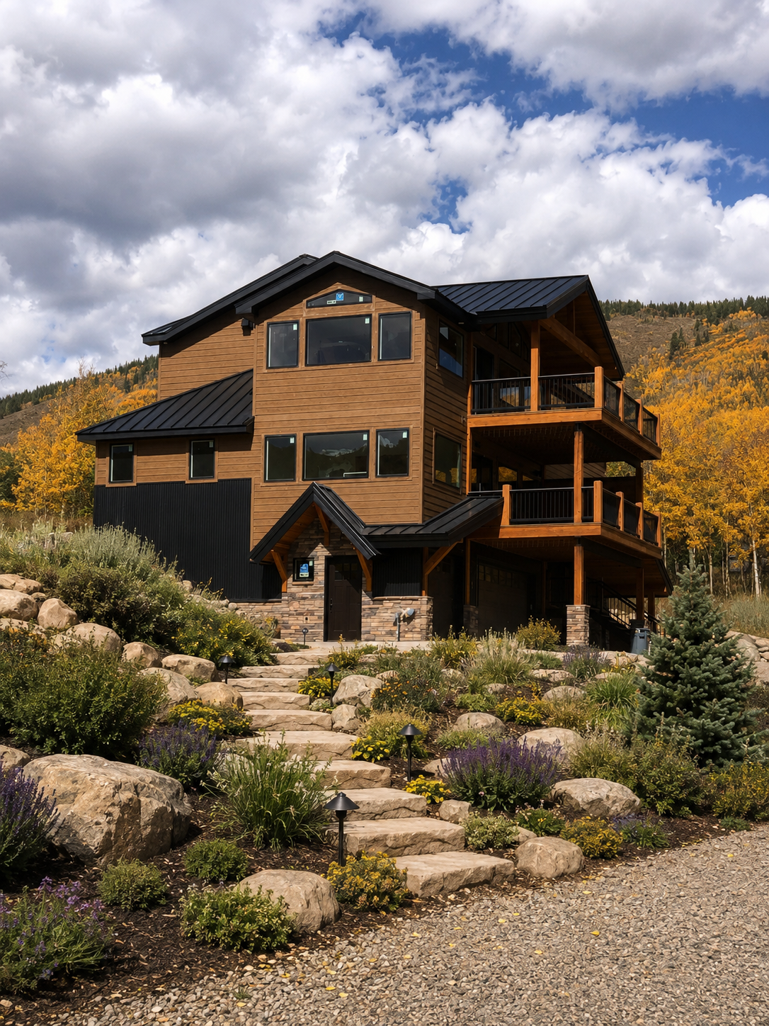 Rustic wooden mountain lodge with black roof, stone path, and autumn trees under a cloudy sky