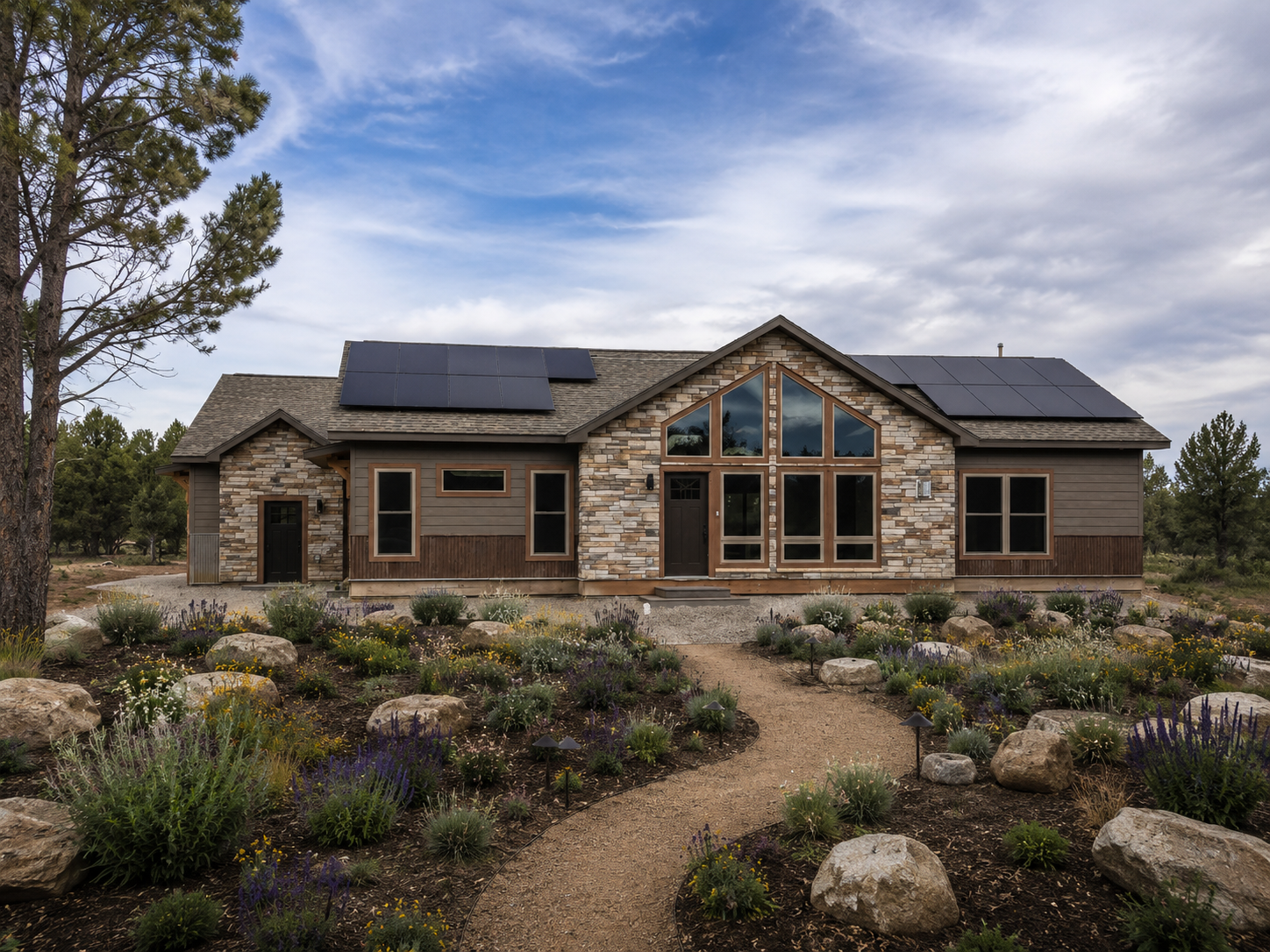Stone house with solar panels, large windows, and a desert garden with rocks and shrubs