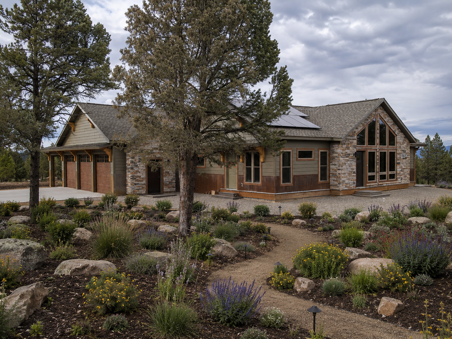 Desert-style house with stone exterior, large windows, and landscaped yard with trees and shrubs.