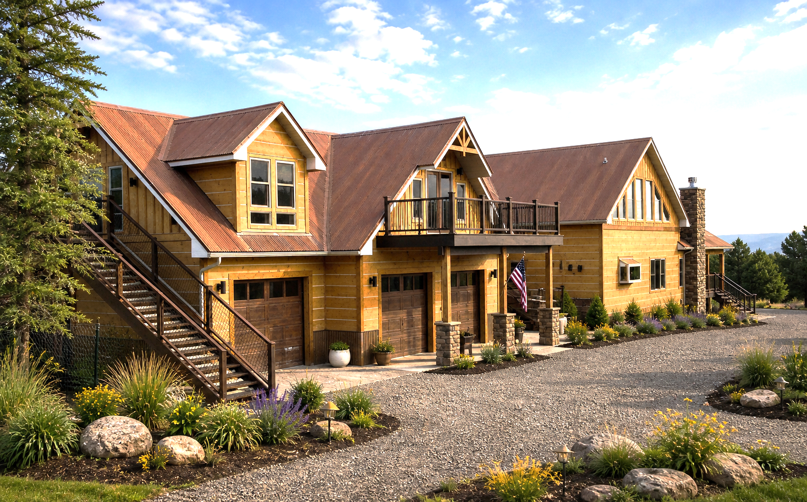Rustic wooden house with red roofs, stone driveway, and landscaped garden under a bright blue sky