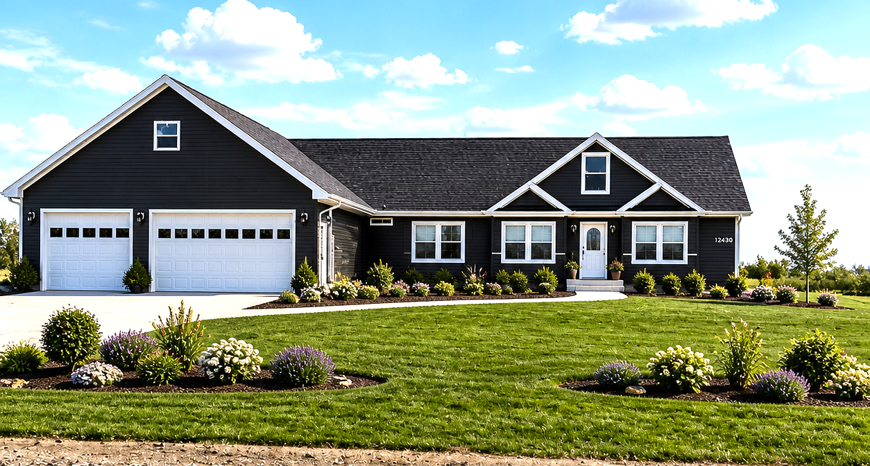 Suburban single-story dark gray house with white trim, two-car garage, and landscaped front lawn under a blue sky
