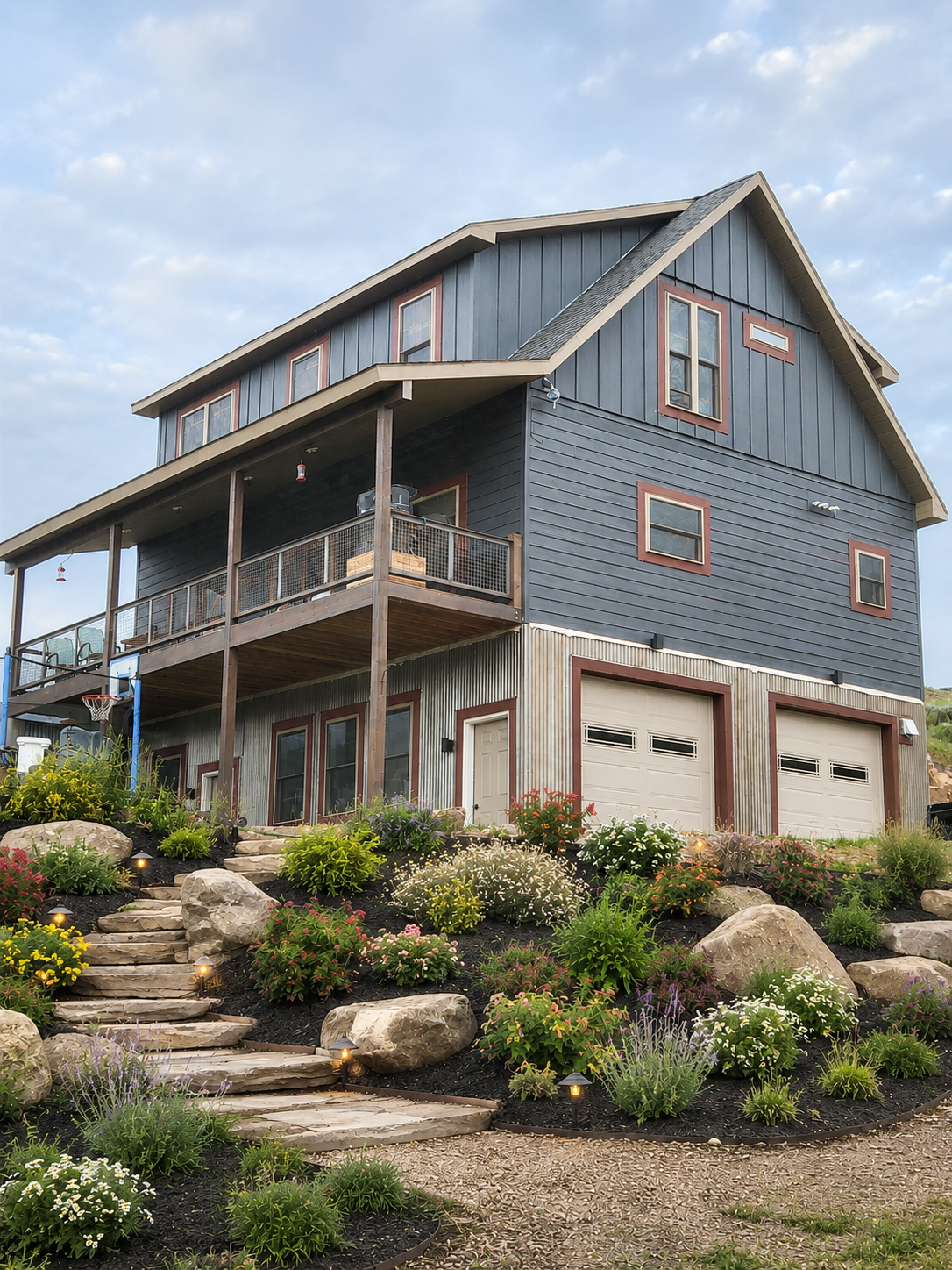 Gray two-story house with a wraparound porch, garage, and landscaped rock garden on a hillside.