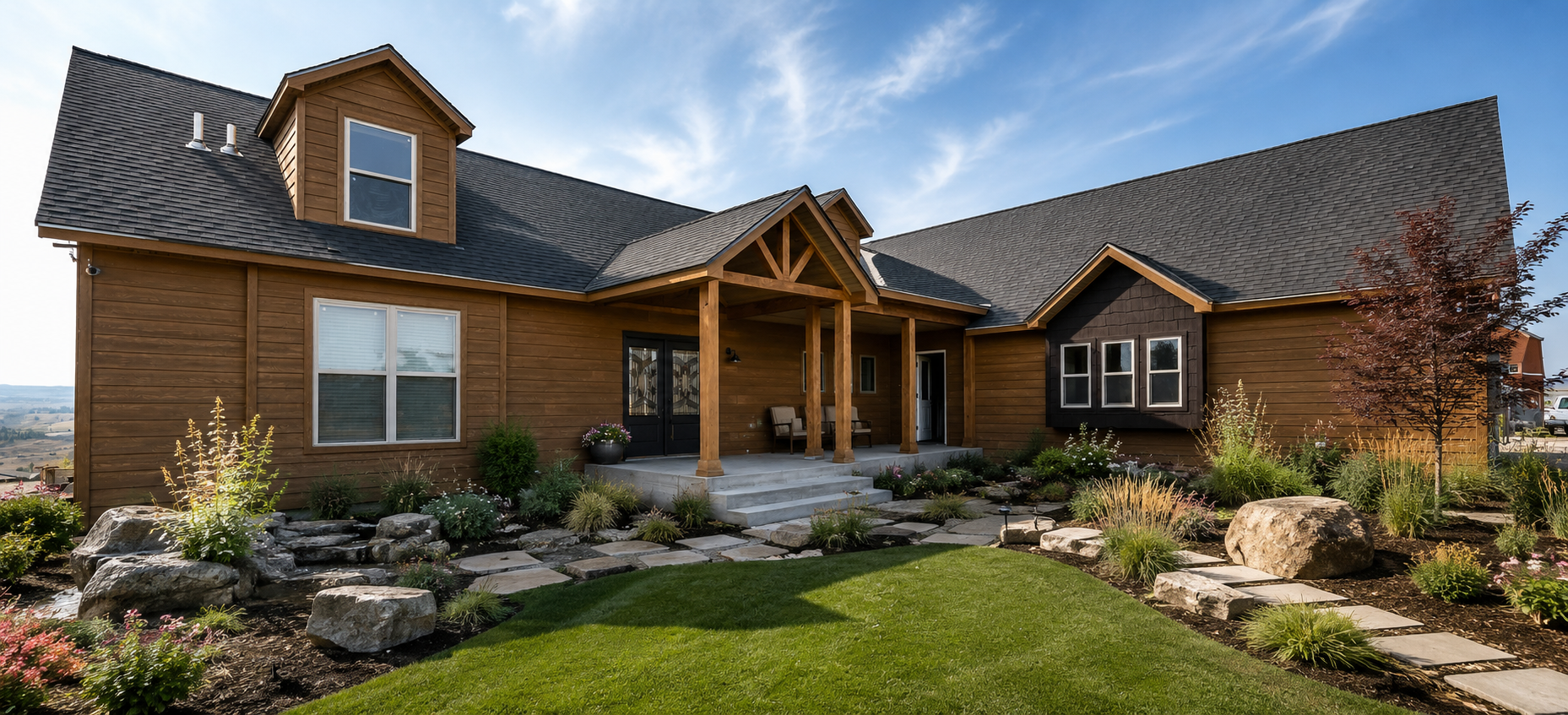 Stone-and-wood house with a covered porch, manicured lawn, and landscaped garden beds