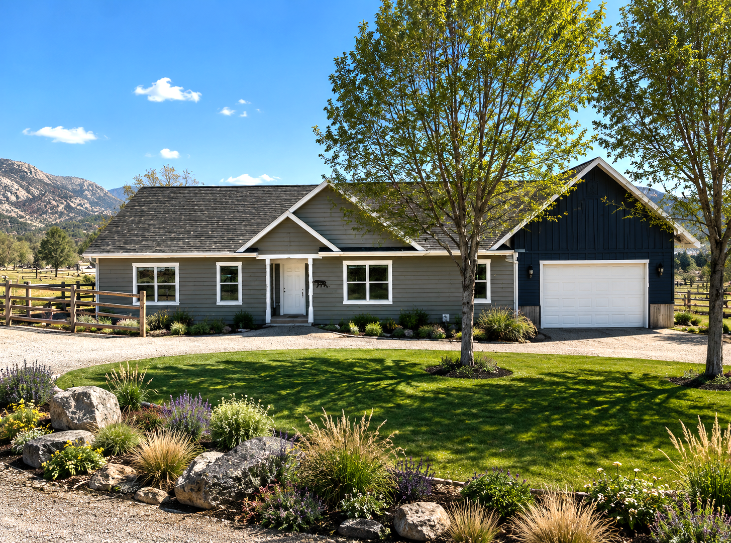 Single-story gray house with a white garage, front yard landscaping, and mountains in the background