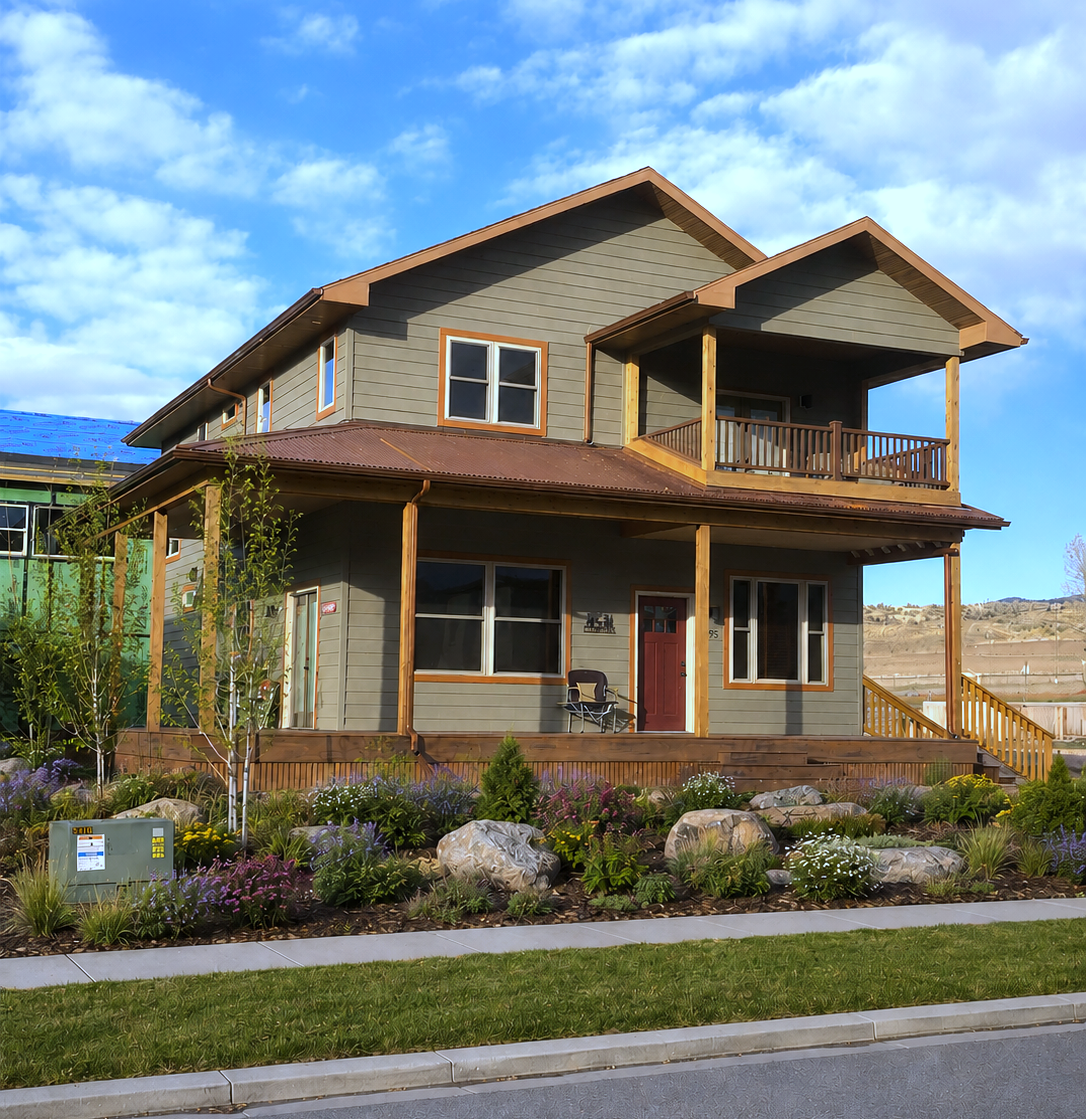 Two-story house with a front porch, stone siding, and landscaped yard under a blue sky