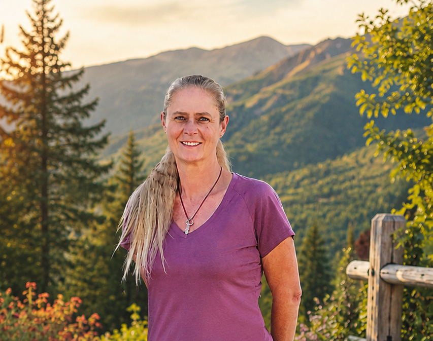 Smiling woman in purple shirt stands outdoors with mountains and pine trees at sunset