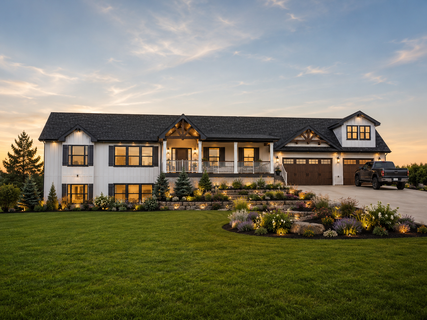 Large white house with dark roof at sunset, lit windows, flower beds, and a well-kept front lawn