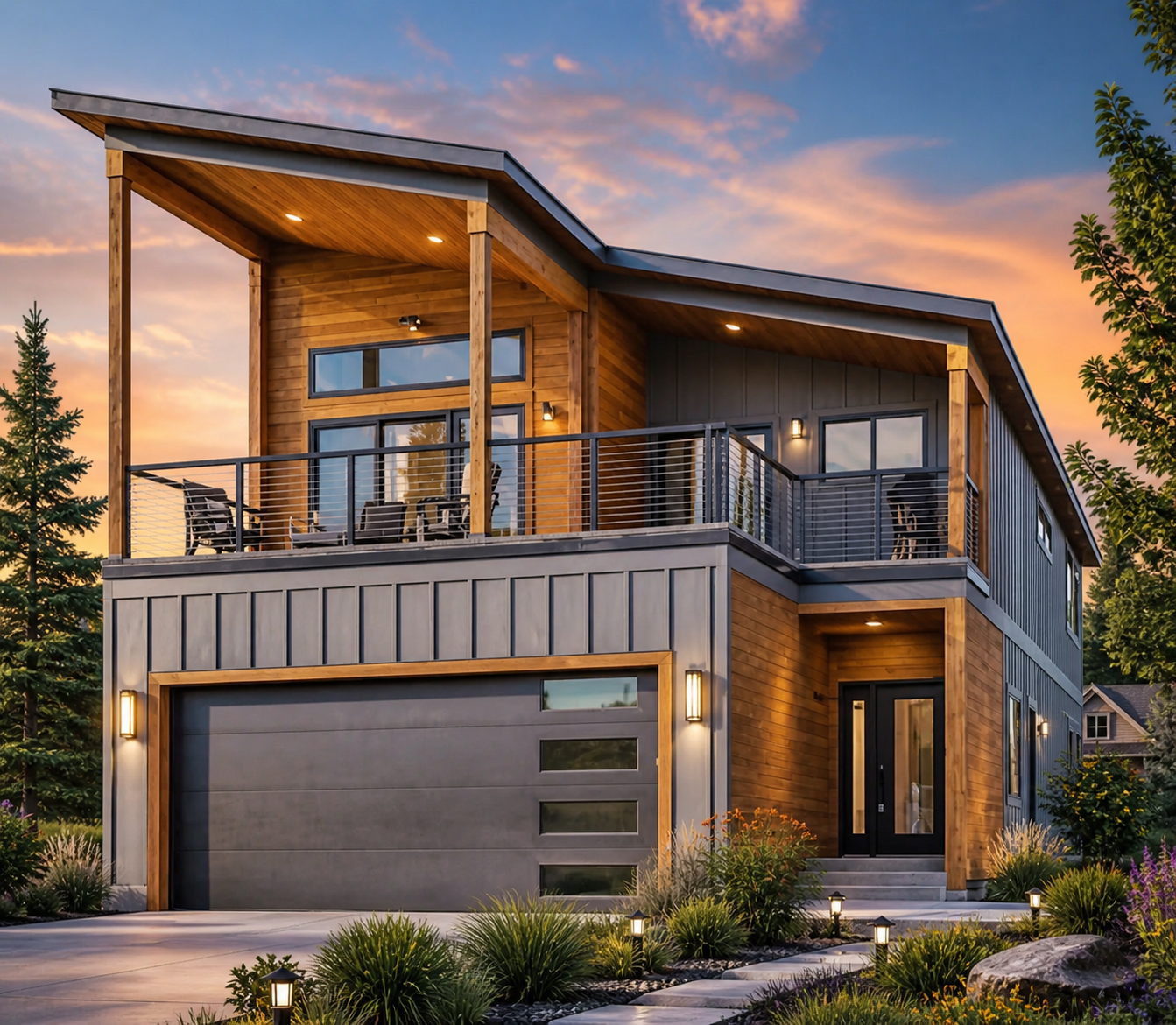 Modern two-story house with wood siding, large windows, and a balcony at sunset