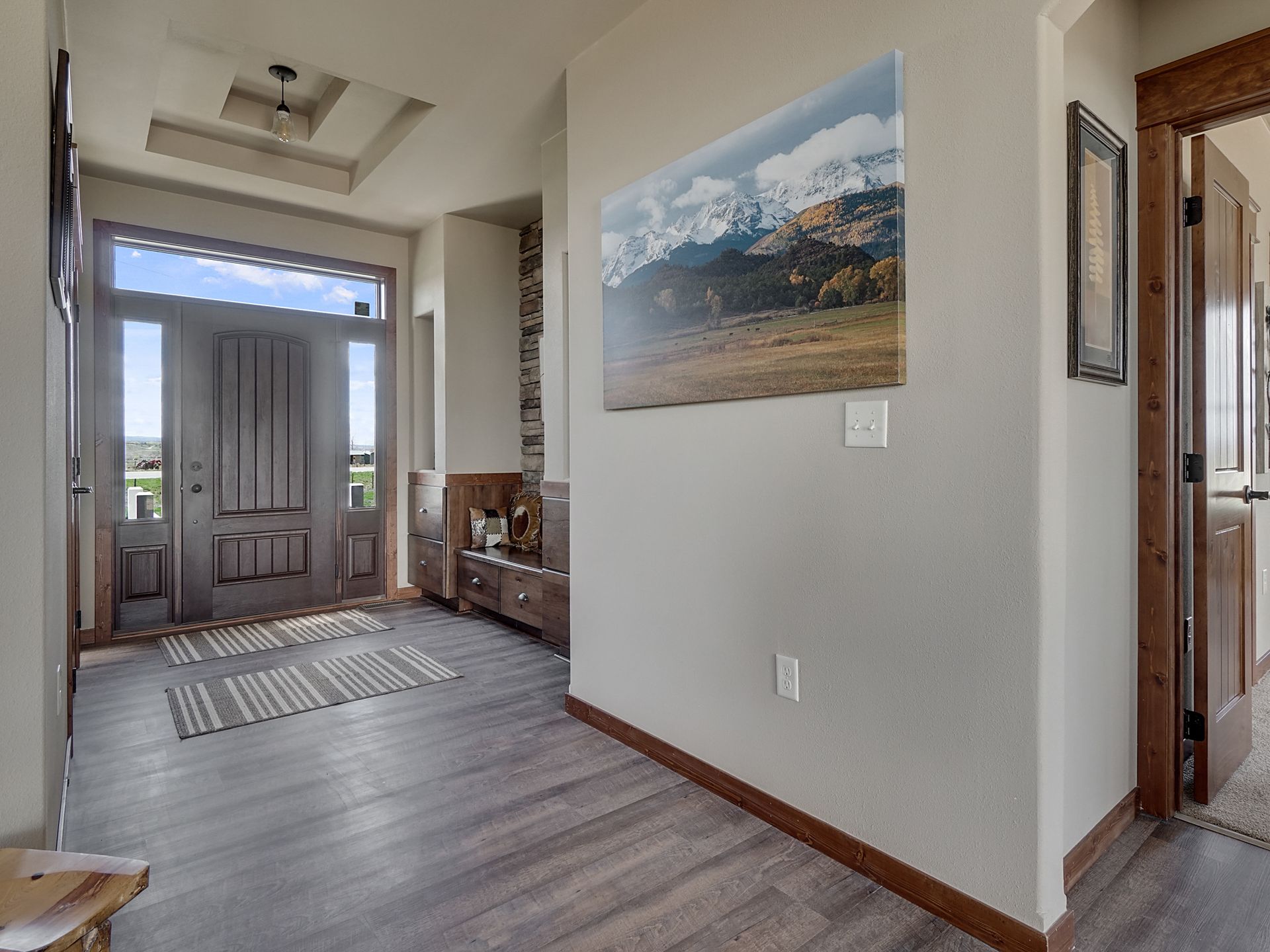 Bright entryway with front door, gray wood floor, wall art, and a hallway leading to other rooms