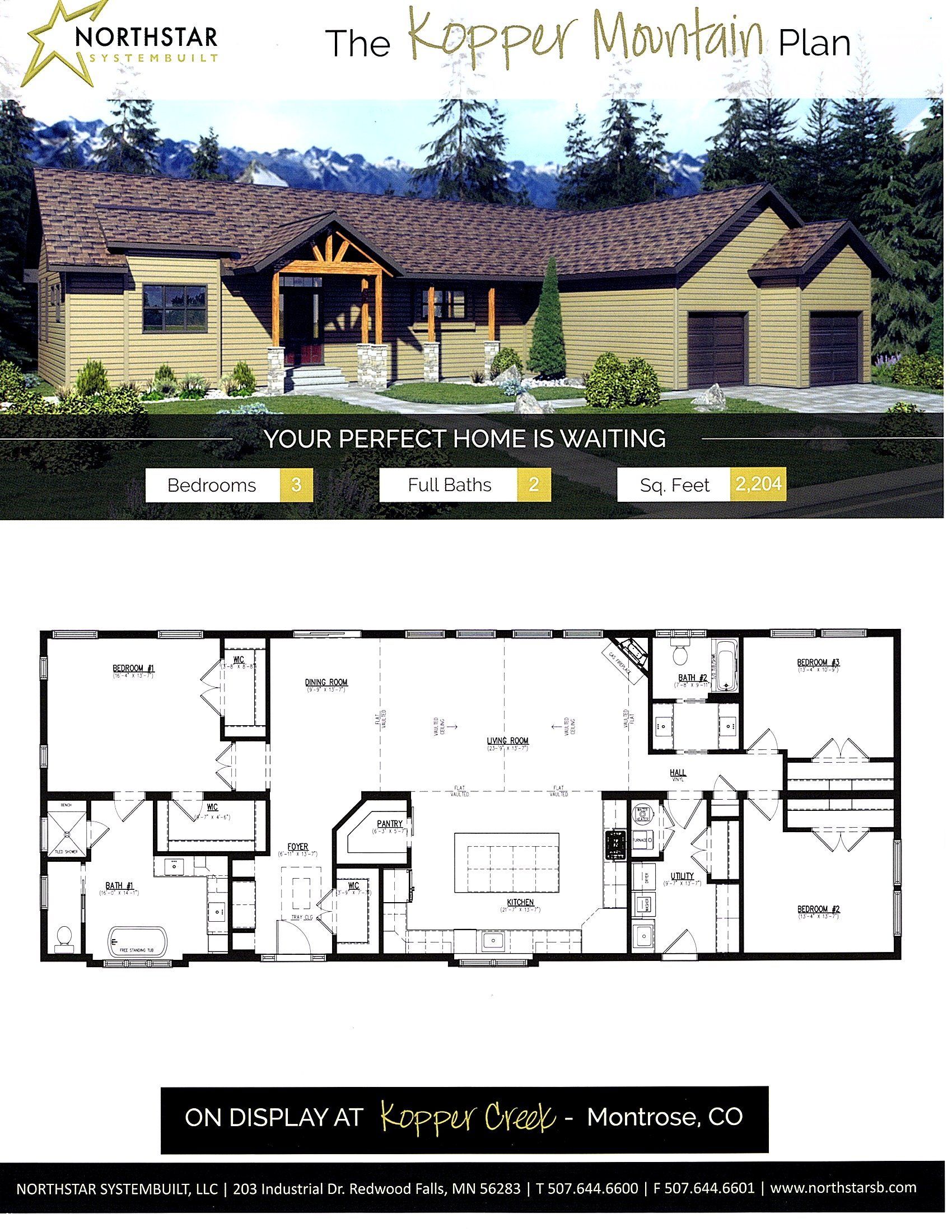 Lodge-style building exterior above a black-and-white floor plan layout