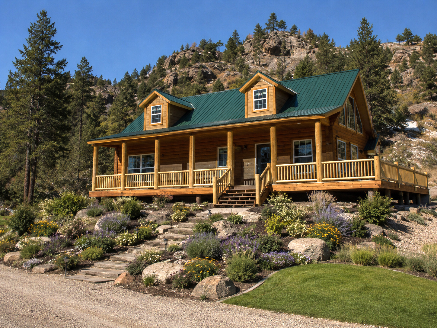 Rustic log cabin with green roof on a rocky hillside under a clear blue sky