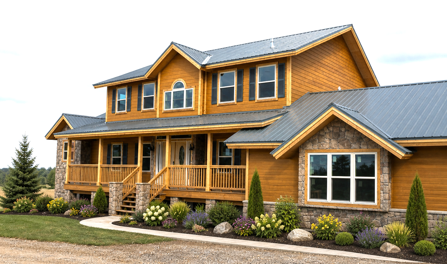 Large two-story log-style house with a covered porch, gray roof, and landscaped front yard