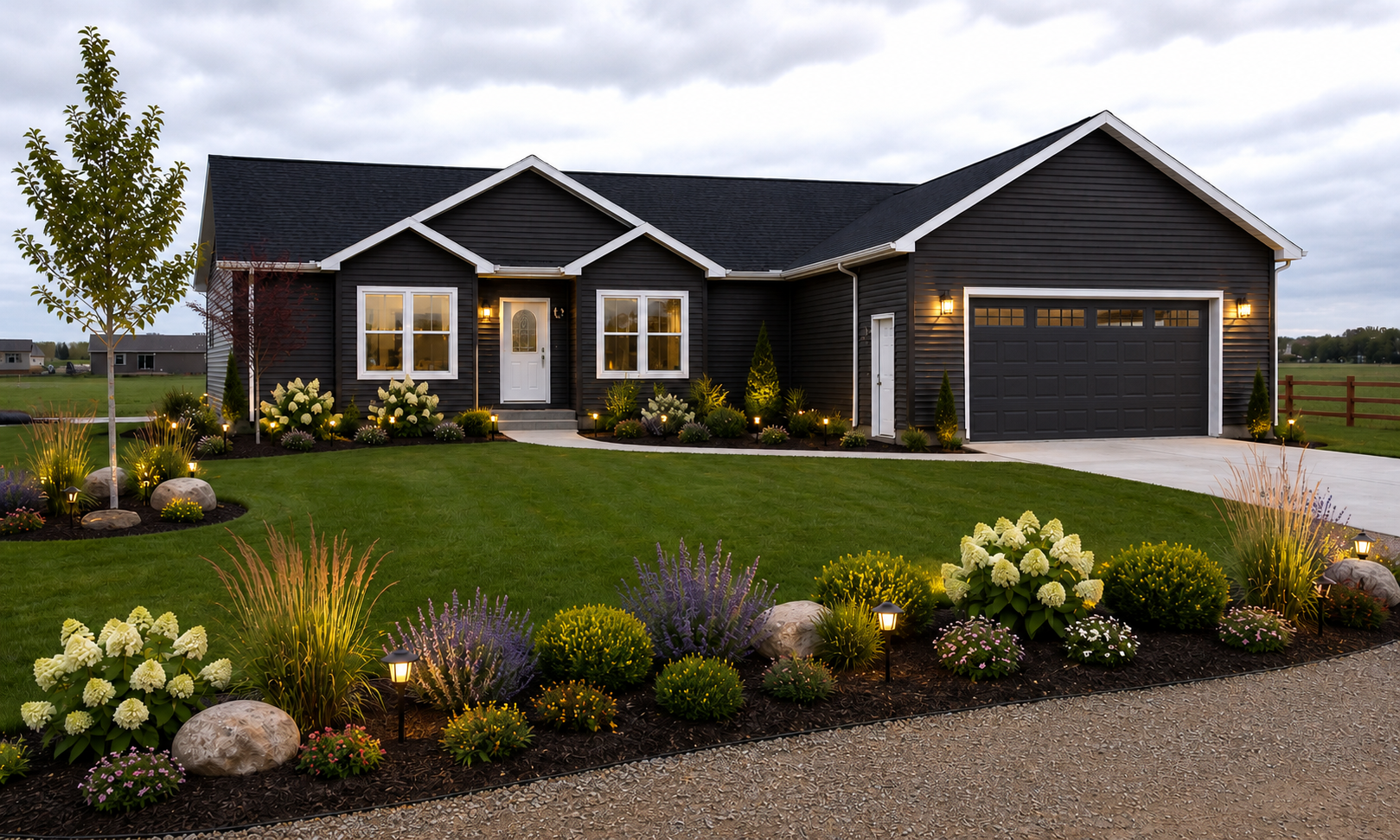 Modern dark-gray single-story house with a two-car garage and landscaped front yard at dusk