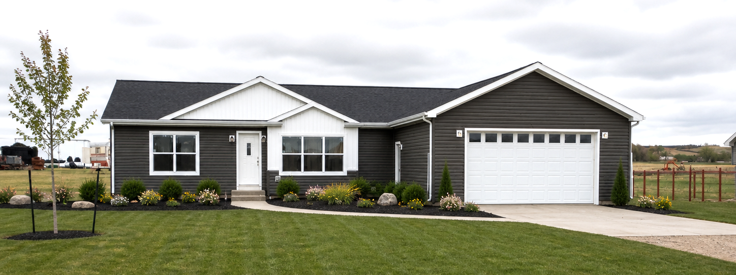 Single-story gray house with black roof, white trim, and attached garage in a landscaped yard.