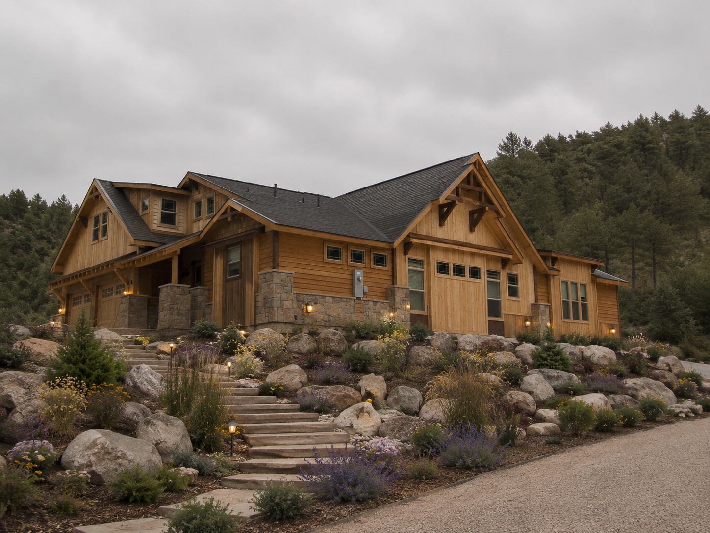 Rustic wooden cabin on a rocky hillside, surrounded by shrubs and pine trees under an overcast sky.
