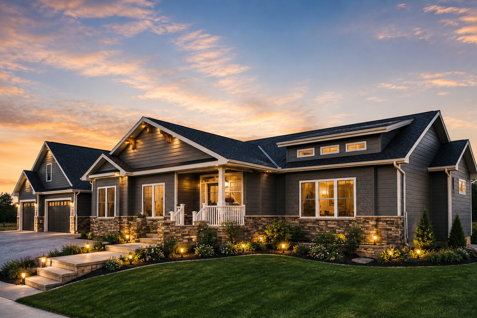 Modern suburban house at sunset with warm exterior lights and landscaped lawn
