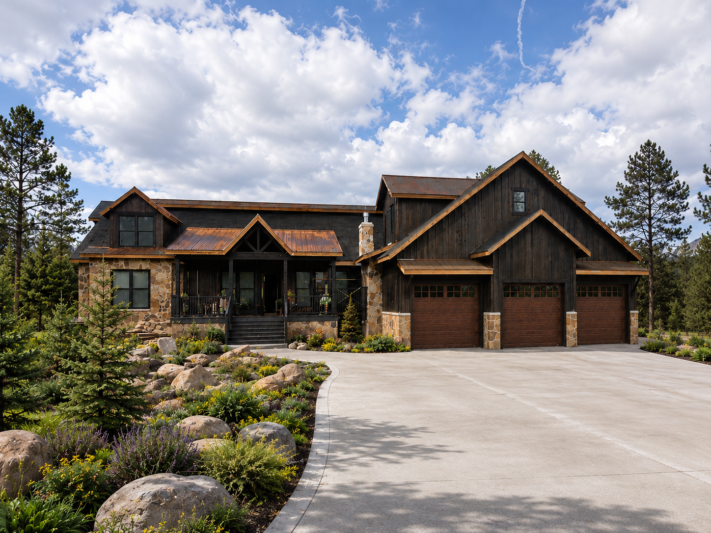 Large rustic timber house with stone accents, front driveway, landscaped yard, and cloudy sky
