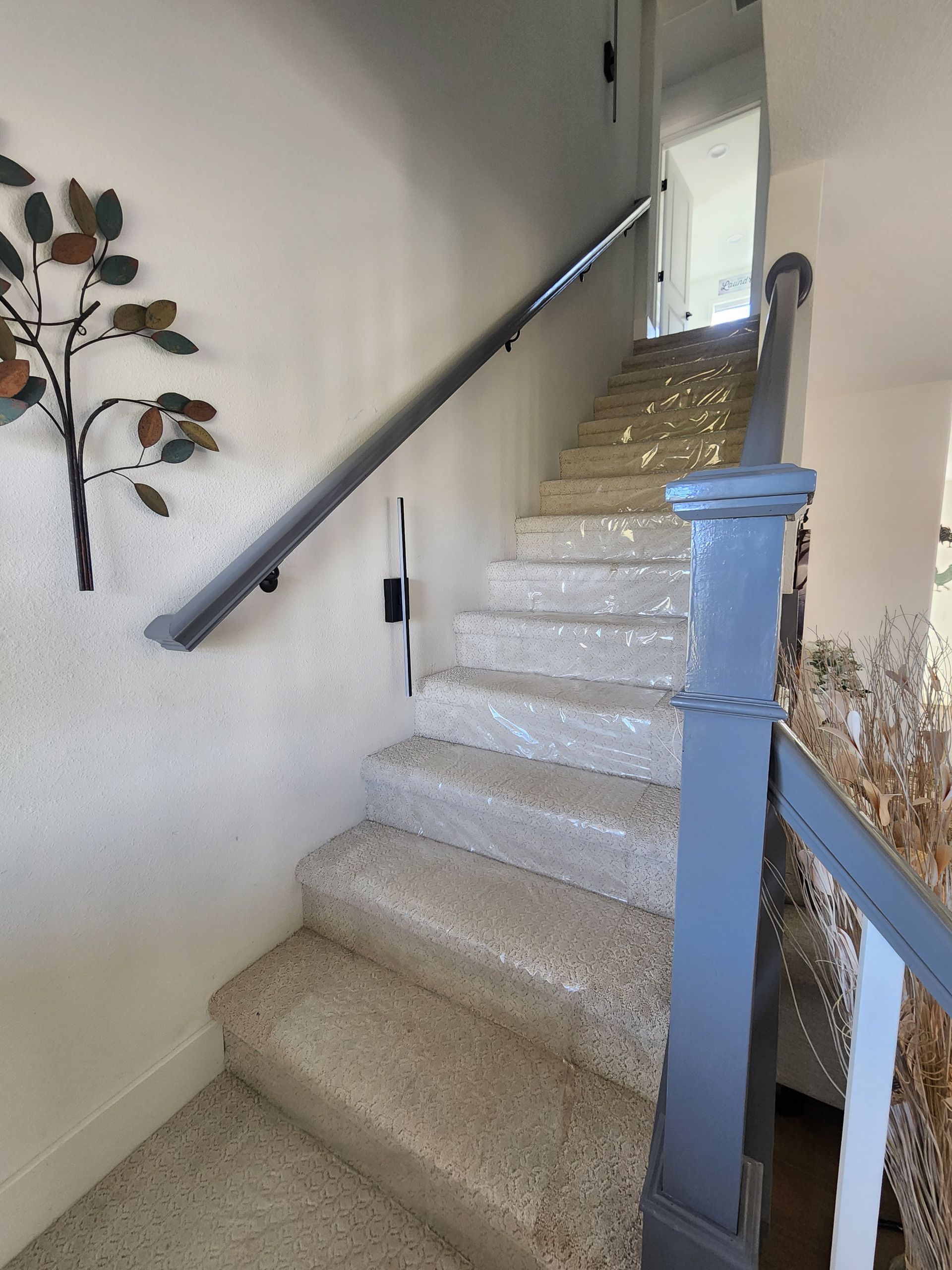 Carpeted indoor staircase with black handrail and white walls, leading up to a bright landing