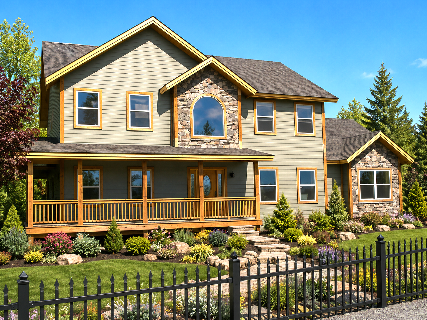 Two-story beige house with a porch, black fence, and landscaped front yard under a blue sky