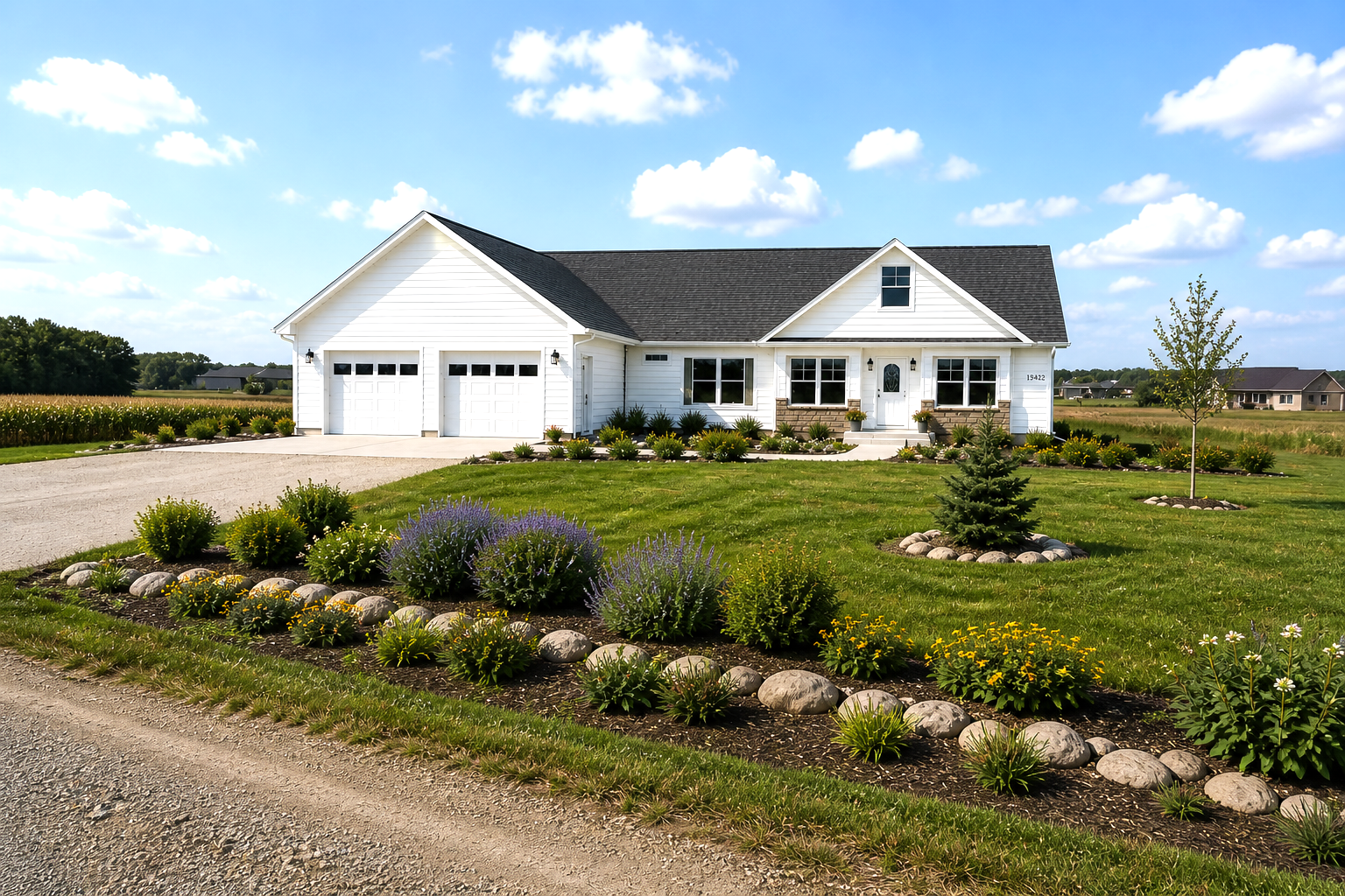 White house with garage, gray roof, and landscaped front yard under a blue sky