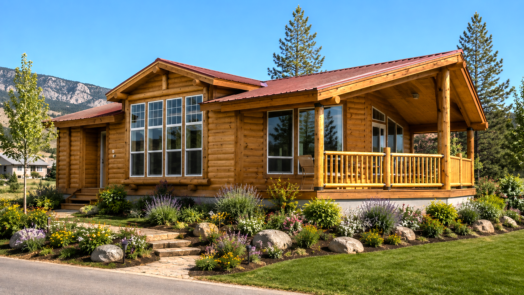 Wooden cabin with porch, large windows, and mountain backdrop in a landscaped yard