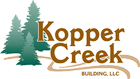 Kopper Creek Building, LLC logo with green pine trees and brown text over a beige swoosh